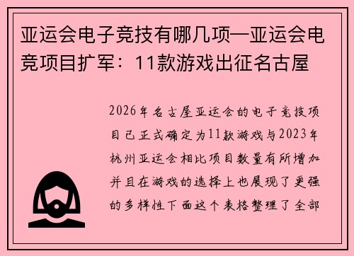 亚运会电子竞技有哪几项—亚运会电竞项目扩军：11款游戏出征名古屋